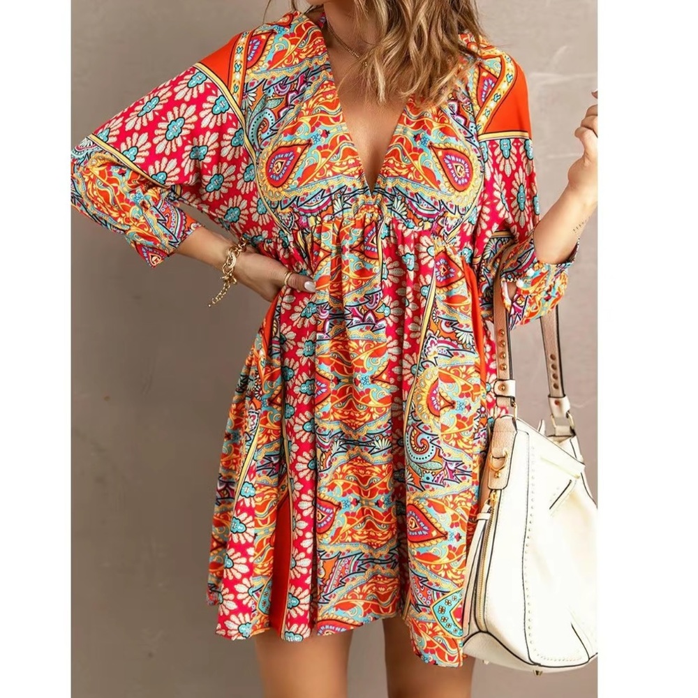 Bohemian 3/4 Sleeve Mini Dress Women’s